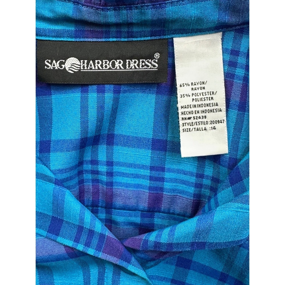 Sag Harbor Dress Women's Plaid Button Up Shirt Blue Purple Size 14 Long Sleeve
